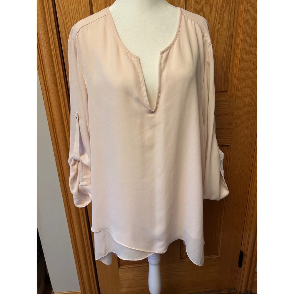 Alfani Woman Pink V Neck Roll Tab Sleeve Sheer‎ Layered Tunic Blouse Plus 24W